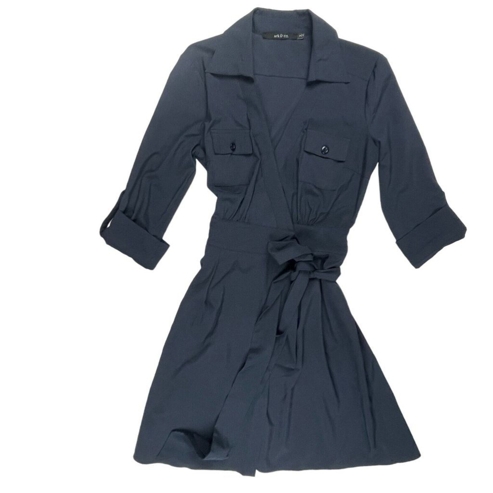 Ark & Co. Shirt Dress Women's S Navy Roll Tab Sleeve Flap Pocket Collared Belted